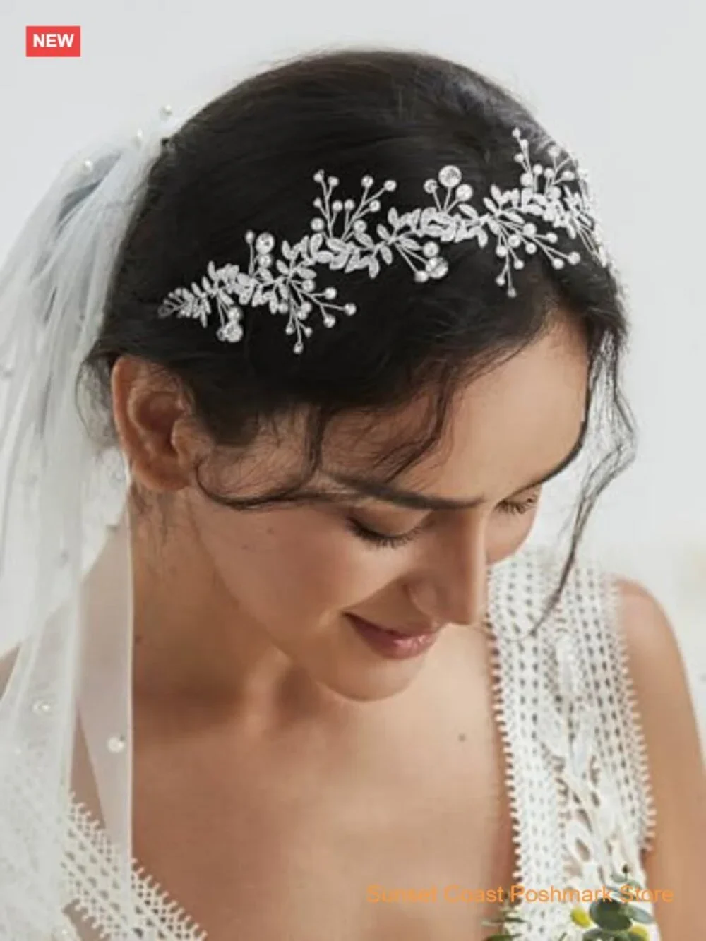 Crystal Bridal Headpiece Silver Wedding Headband Pearl Hair Vine Rhinestone - Picture 3 of 6
